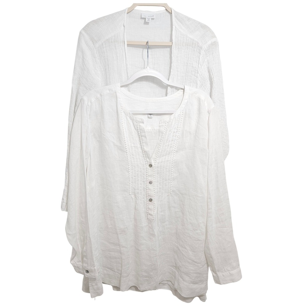 J. Jill Love Linen Bundle 2 Tops Relaxed Minimalist Gauze Quiet Luxury 2X White
